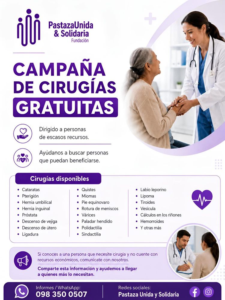 Afiche de la campaña de cirugías gratuitas de la Fundación Pastaza Unida y Solidaria
